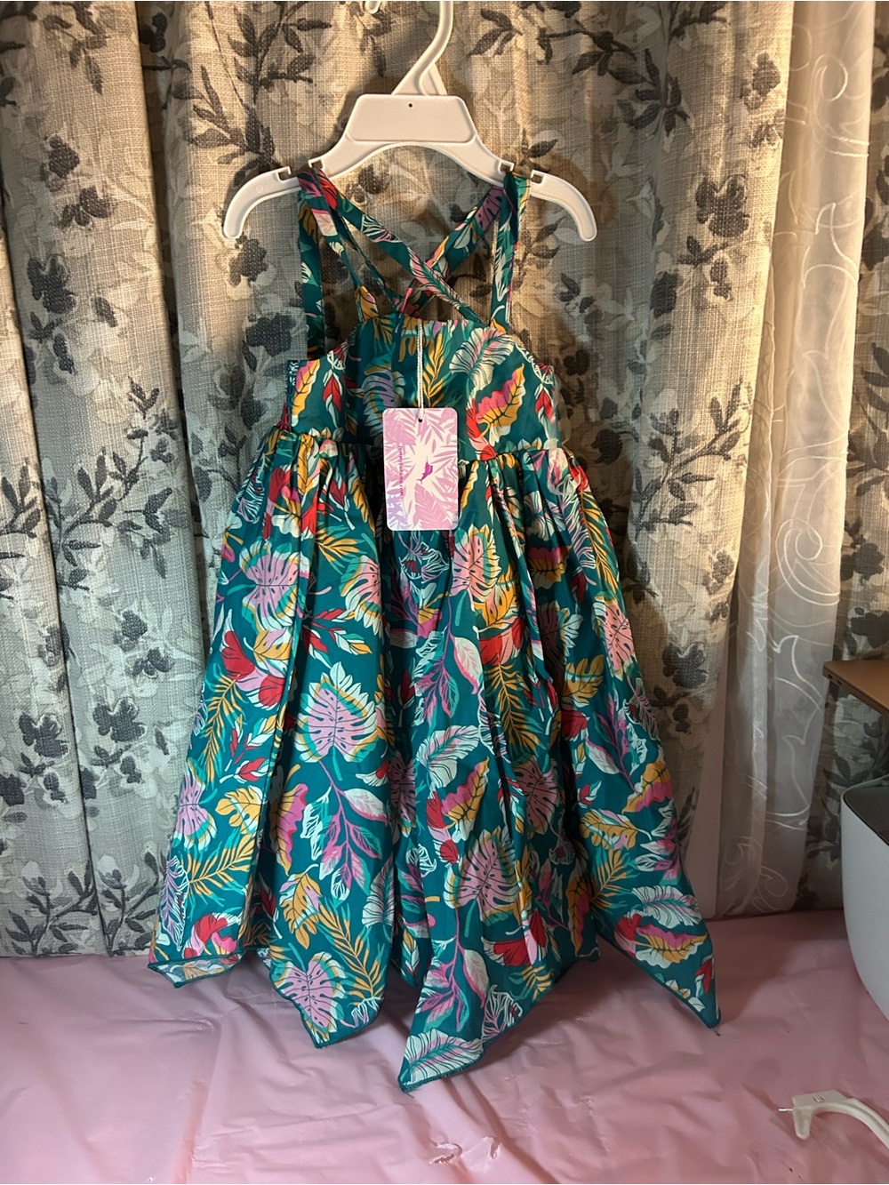 Tommy Bahama Girls' Tropical Leaf Handkerchief Hem Dress in Teal, Pink & Yellow